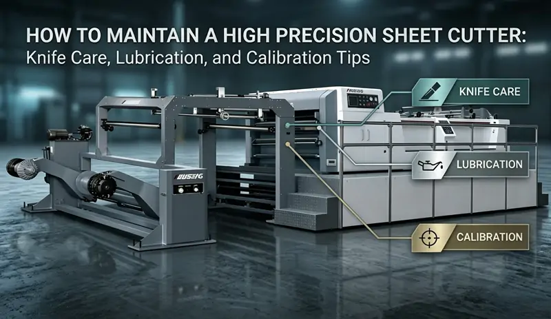 An overview diagram for a high-precision sheet cutter maintenance guide, highlighting the three core pillars of paper converting equipment reliability: knife care, lubrication, and servo calibration.